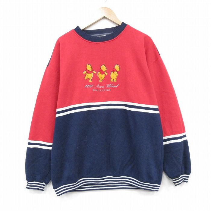 XL/古着 長袖 スウェット メンズ 00年代 00s ディズニー くまのプーさん 刺繍 クルーネック レッド【spe】 26may14