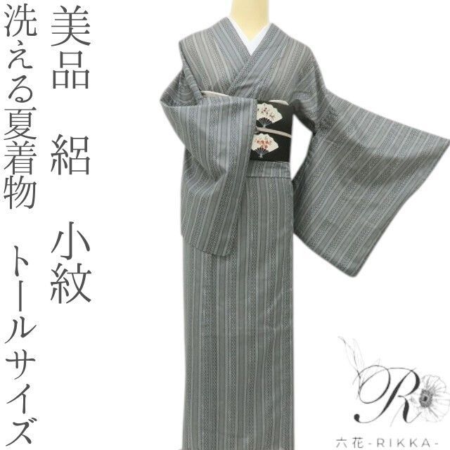六花-RIKKA- 美品 洗える夏着物 トールサイズ 絽❀涼風が織りなすグレイの縦詩❀小紋 着物 A5400