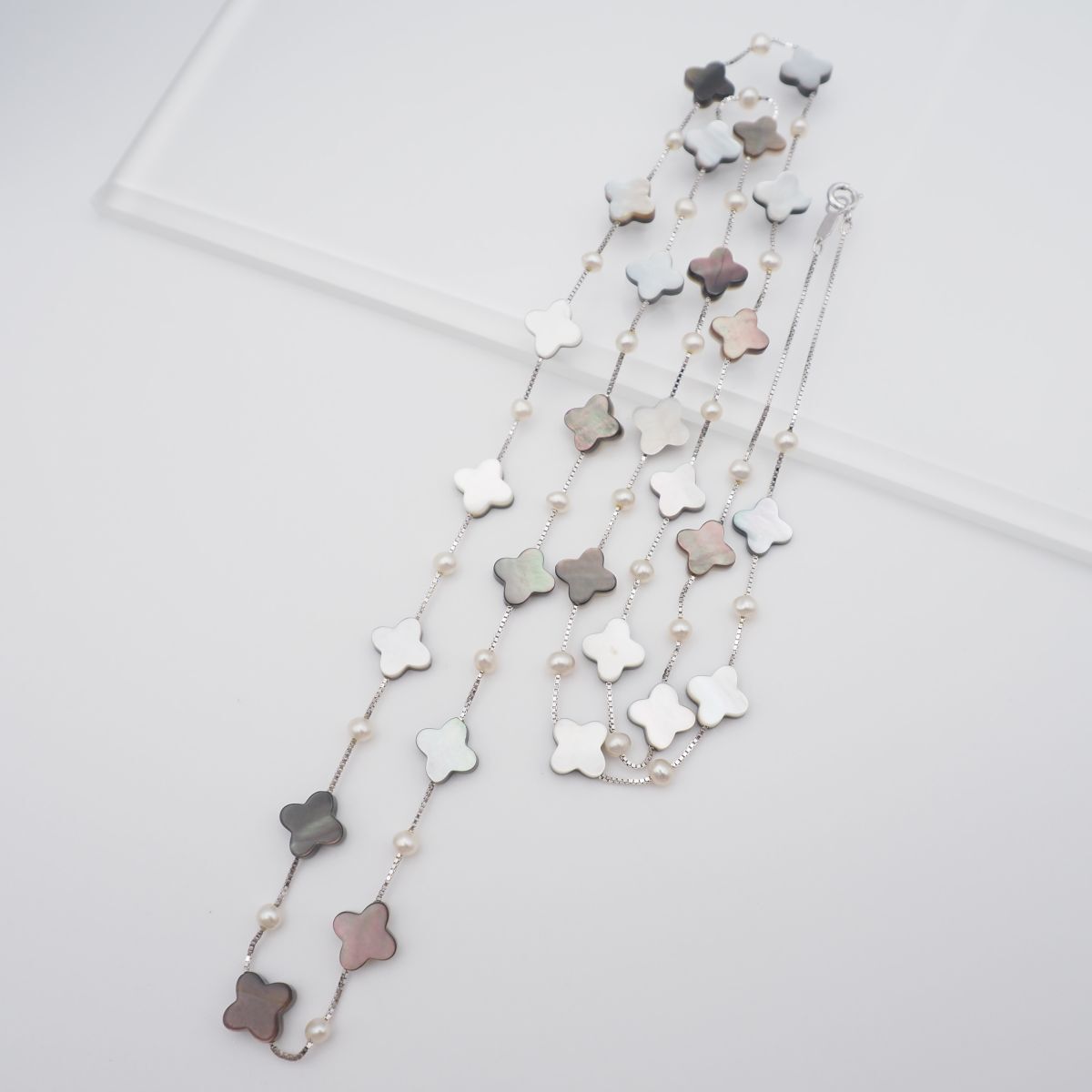 W786 シェル 淡水真珠 パール STERLING SILVER925刻印 ロング ネックレス クローバー デザイン シルバー 6月誕生石