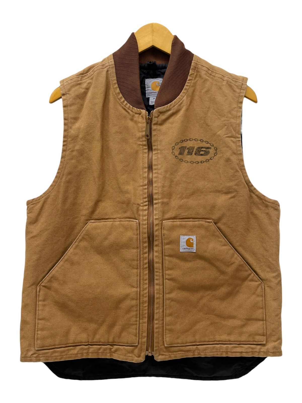 Carhartt (カーハート) ダックベスト 裏地キルティング 中綿 両面プリント 古着 116 TO THE GRAVE V01-BRN M-R ブラウン メンズ/025
