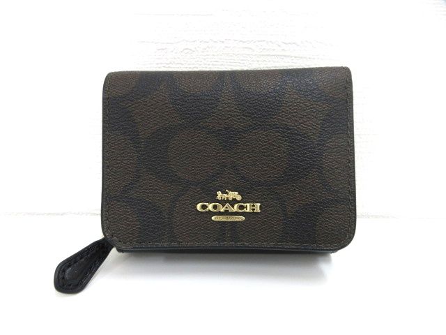 コーチ COACH シグネチャー 三つ折り財布 ブラウン ブラック 7331 ミニ財布 コンパクトウォレット ☆AA★