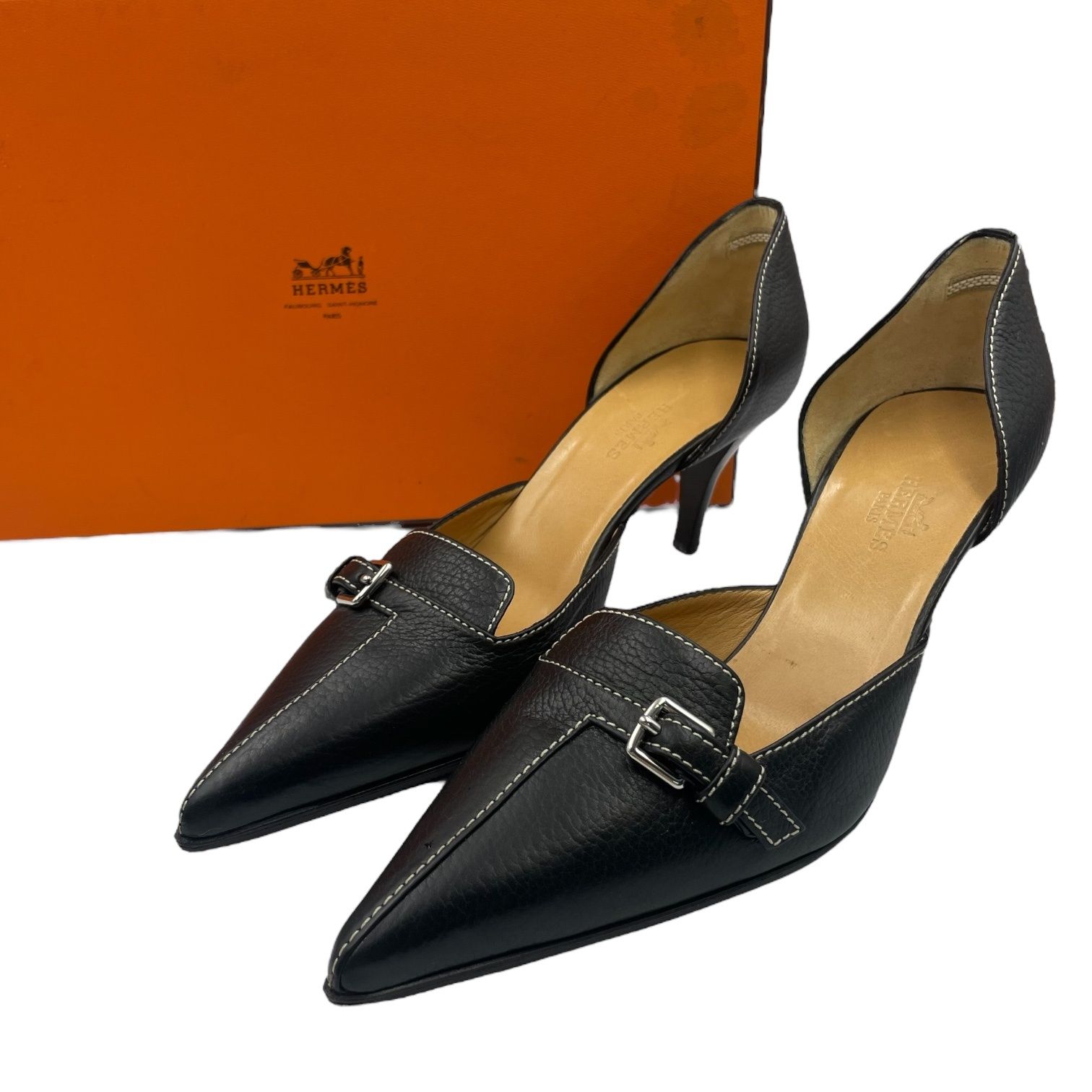 美品 HERMES エルメス パンプス レザー 黒 ブラック サービス36 箱付き