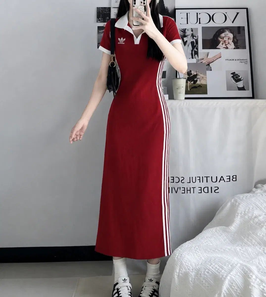 新品 adidas 3本線 ロング ワンピース レッドワンピース adidasワンピース マキシワンピース