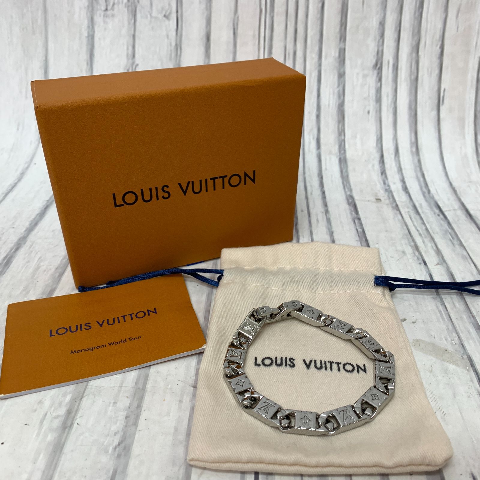 s001 美品 LOUIS VUITTON ルイヴィトン モノグラム コリエ シルバーチェーン ブレスレット 保存袋 箱入り