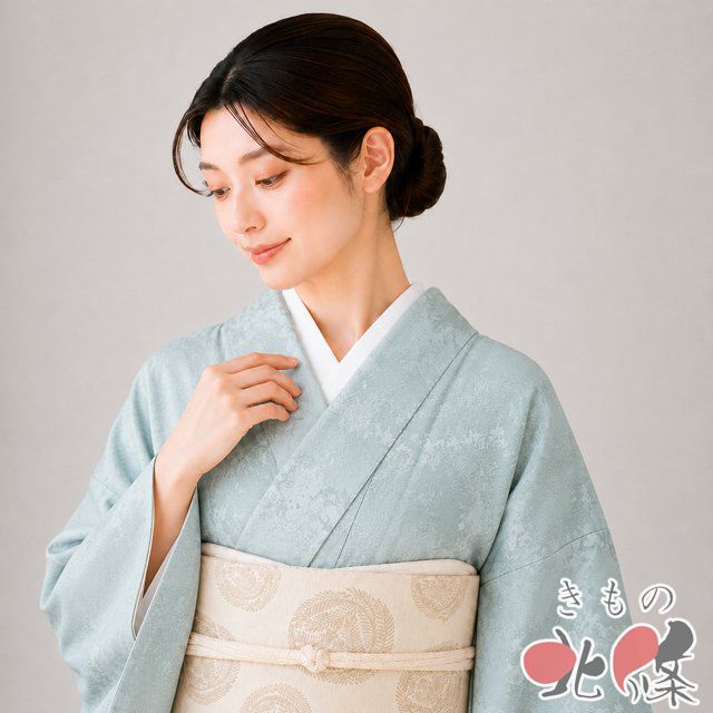 色無地 着物 中古 正絹 袷 紋付き セミフォーマル 青磁色 身丈162cm 67cm M きもの北條 A1373-6