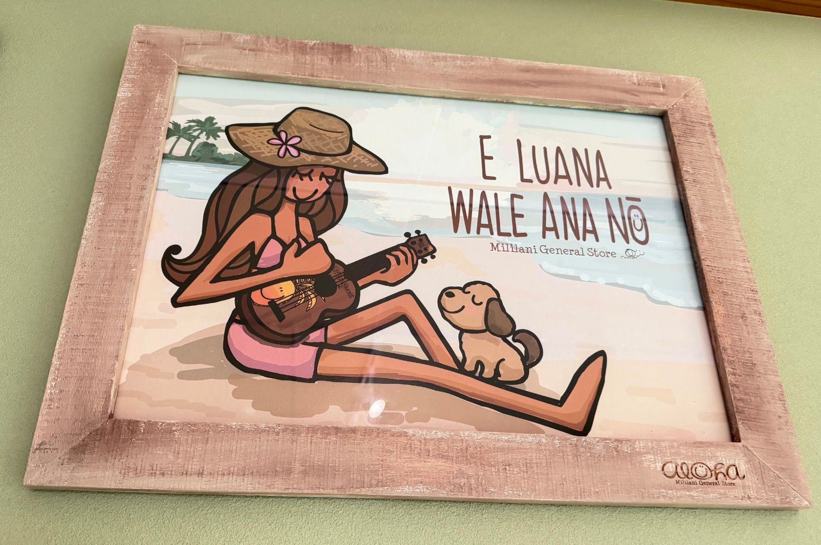 mililani　wood額入り　【ELUANA WALE　ANA　NO】壁掛けイラスト　保護面ガラス木製額縁入り