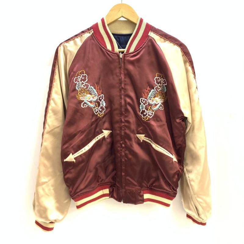 【中古】スカジャン 七福神・虎・龍 リバーシブル レッド[92]