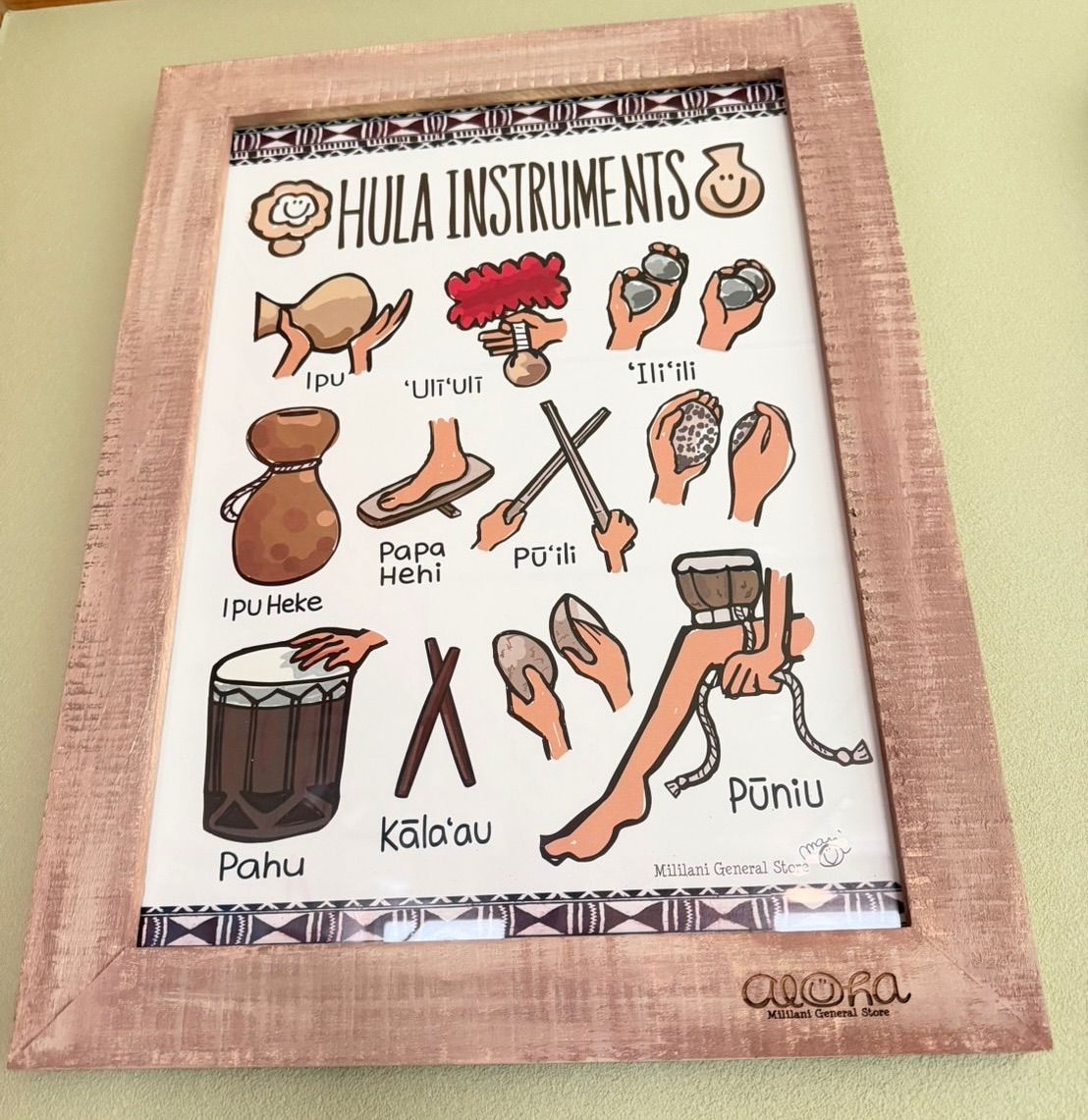 mililani　wood額入り　【HULA　INSTRUMENTS】壁掛けイラスト　保護面ガラス木製額縁入り