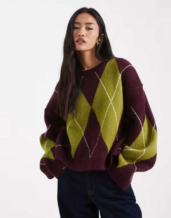 エイソス レディース アウター ニット・セーター ASOS DESIGN fluffy knit argyle sweater in plum プラム