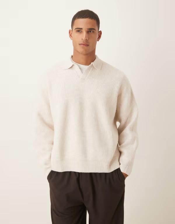 エイソス メンズ トップス ポロシャツ セーター ニット ASOS DESIGN super oversized boxy fit knit fisherman rib notch neck sweater in oatmeal heather Oatmeal