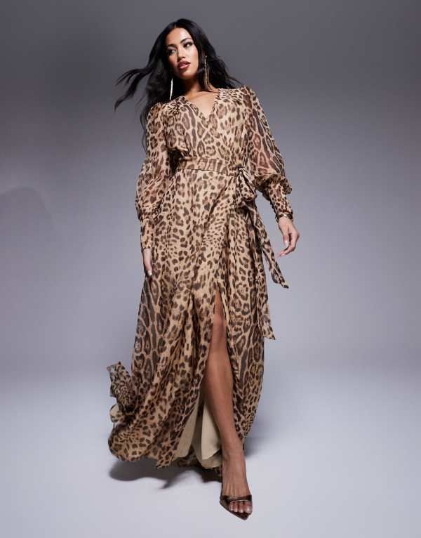 バードット レディース トップス ワンピース マキシワンピース プリント マキシ Bardot wrap maxi dress in leo print Brown leo ブラウン