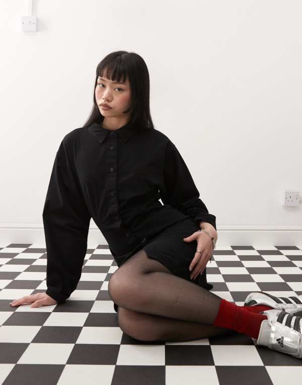 コルージョン レディース トップス ワンピース シャツワンピース ミニ シャツ COLLUSION twill mini shirt dress with sculpted sleeve Black ブラック