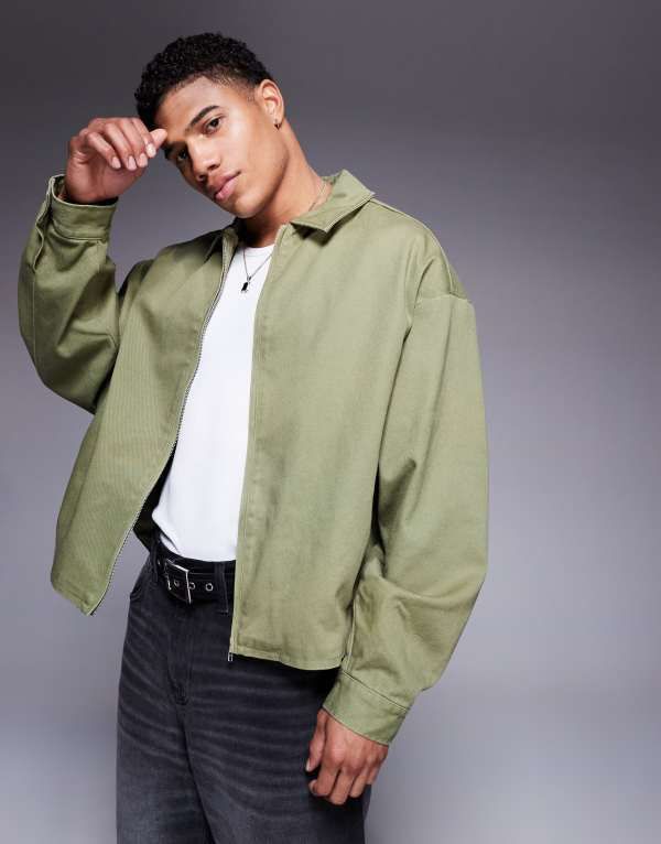 エイソス メンズ アウター ジャケット・ブルゾン ジャケット ASOS DESIGN boxy oversized harrington jacket in washed GREEN グリーン