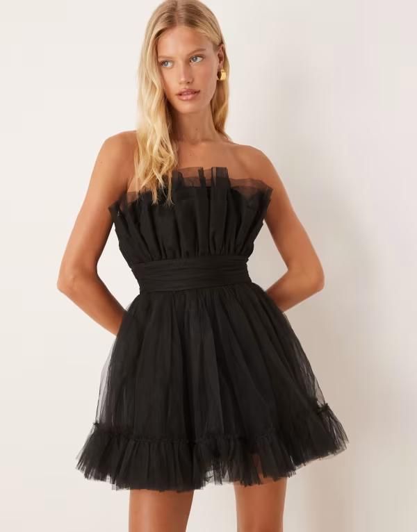 レース アンド ビーズ レディース トップス ワンピース チュール ミニワンピース ミニ Lace Beads tulle bandeau mini dress black ブラック