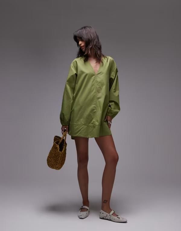 トップショップ レディース トップス ワンピース ミニワンピース ミニ Topshop poplin babydoll mini dress GREEN グリーン