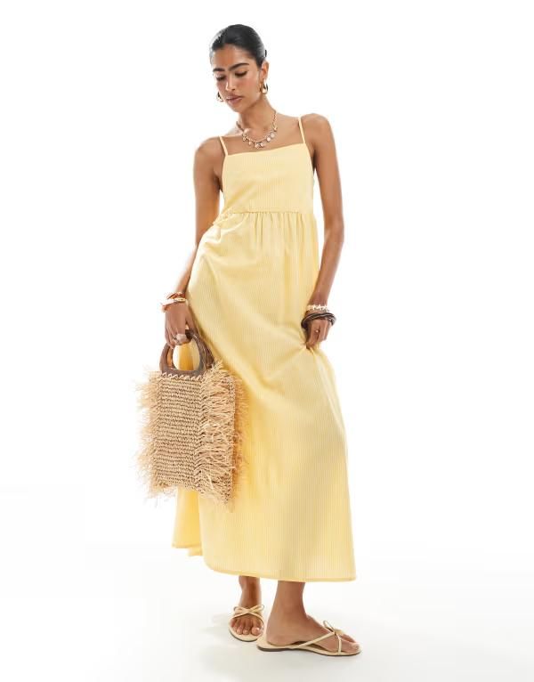 ピーシーズ レディース トップス ワンピース ミディワンピース ミディ PIECES cami midi dress in pale yellow stripe Sunset gold ゴールド