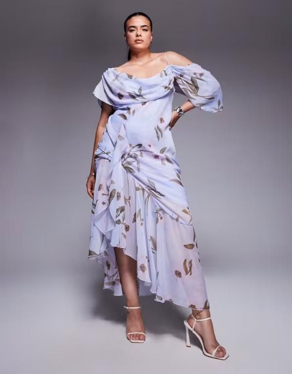 エイソス レディース トップス ワンピース アシンメトリー フラワー柄 プリント フラワー ASOS Curve ASOS DESIGN Curve cowl neck bias midaxi dress with asymmetric pephem flor
