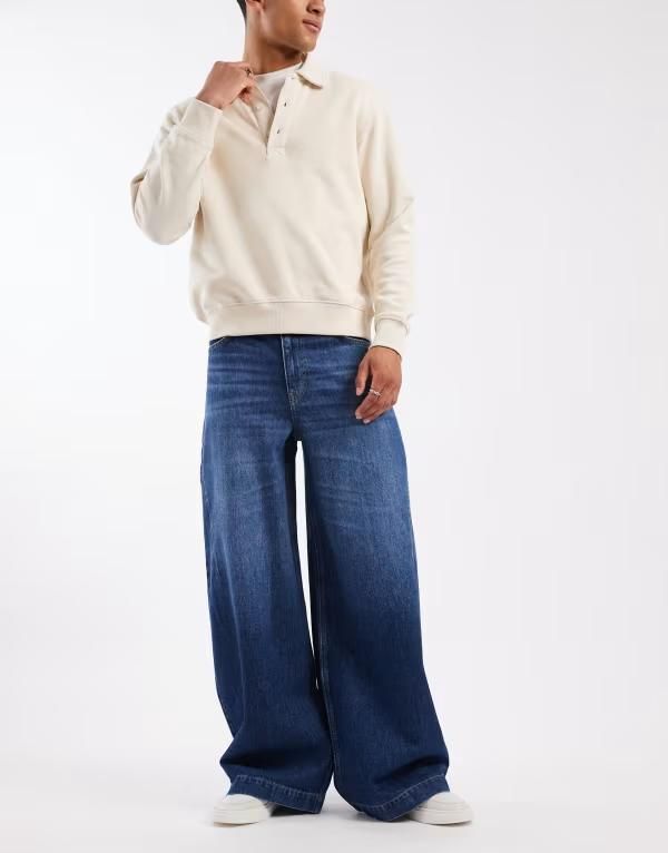 エイソス メンズ ボトムス デニムパンツ ワイドレッグ ジーンズ ASOS DESIGN super wide leg jeans in dark wash Dark wash blue ブルー