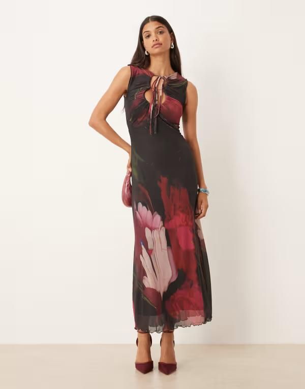 エイソス レディース トップス ワンピース マキシワンピース フラワー柄 プリント メッシュ マキシ フラワー ASOS DESIGN printed mesh maxi dress with lettuce hem and key hole in overb