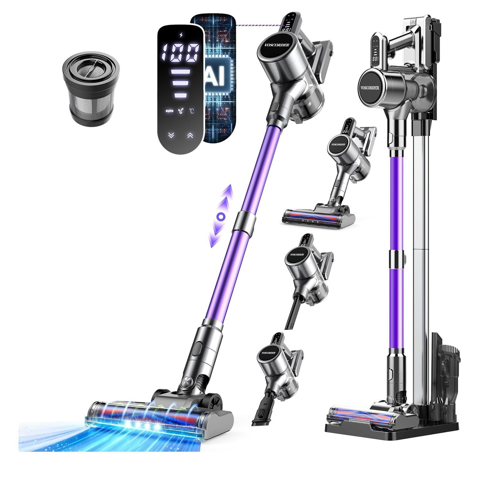 掃除機 コードレス【2026衝撃的デビュー！業界初デュアルモーター搭載！300Kpa超強力吸引＆TÜV認証吸引効率99.99%！150°広角AI-LEDグリーン光！置くだけ充電スタンド&70分連続稼働！】コードレス掃除機 軽量 700Ｗ出力 伸縮パイプ 3段