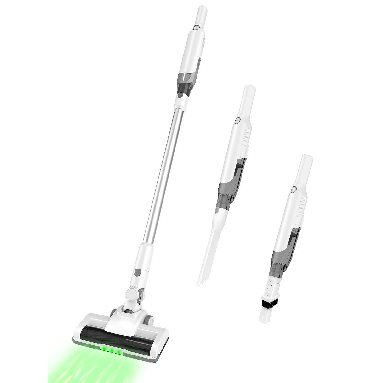 掃除機 コードレス 【新登場!45kpa強力吸引&グリーンLEDライト搭載】強力 軽量 スティッククリーナー 2段階吸引 6重濾過 180°左右＆90°上下回転 ヘッド 防絡み設計 TYPE-C充電 緑色ダストランプ付き 壁掛け可能 フロア/カーペット/カー