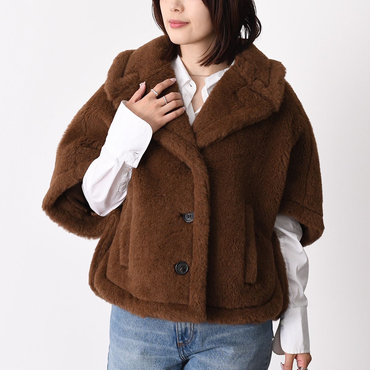 Max Mara マックスマーラ ポンチョ アウター CORVINO4 コルヴィーノ カシミヤ テディベア ケープ MXACORVINO4 レディース ブラウン アルパカ ボタン留め サイドポケット ボックスシルエット ラペルカラー