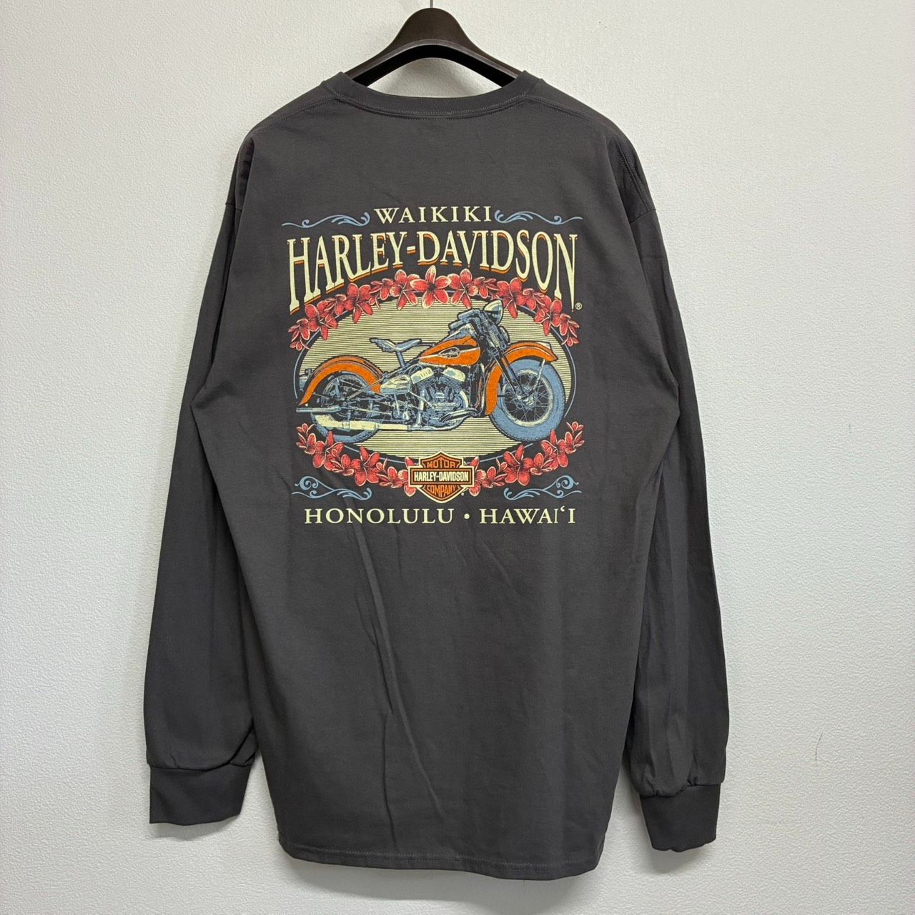 Harley-Davidson Waikiki Honolulu ハーレーダビッドソン ワイキキ ホノルル限定 ロゴ バイク プリント 黒 ブラック 長袖 ロングTシャツ ロンT トップス メンズ レディース ビンテージ XLサイズ 新品未使用 3