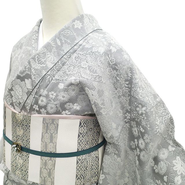 新古品】 小紋 天目織 着物 未使用 正絹 袷 ライトグレー 草花 寄せ柄