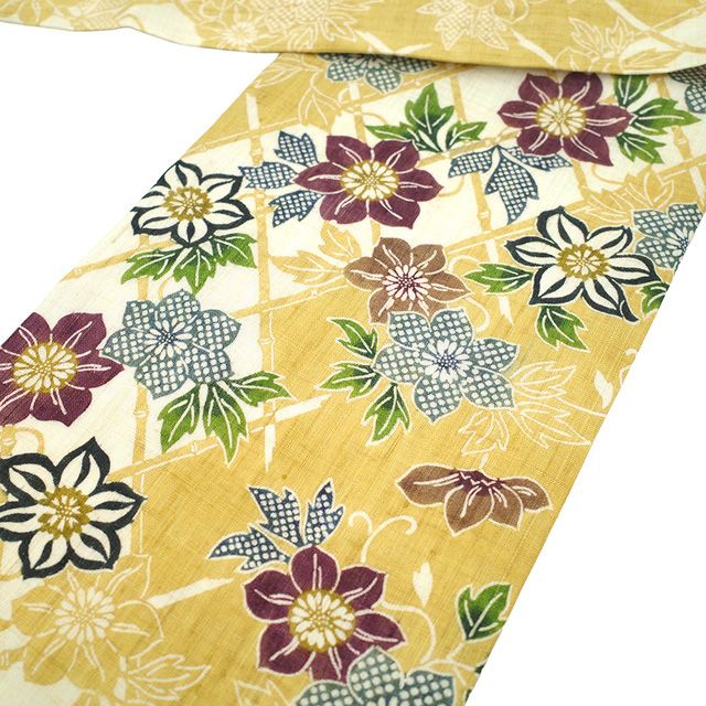 名古屋帯 夏帯　栗山紅型　麻素材 未使用ですが全体的に若干黄変 新品】 夏物 名古屋帯 未使用 栗山吉三郎 本大麻 和染紅型 麻 九寸