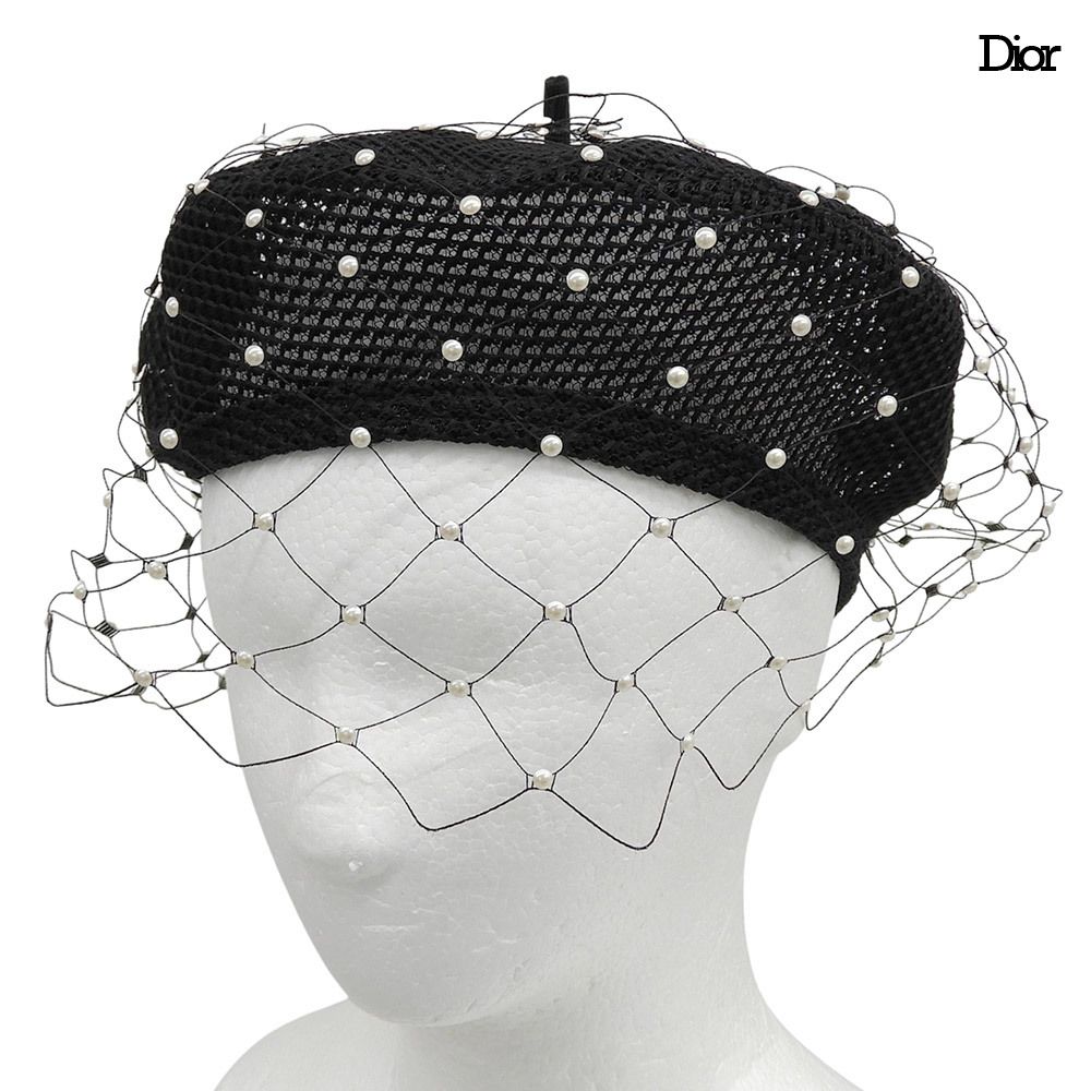 超美品 ディオール Dior 2021年 21PER910G155 メッシュ チュール ヘッド ドレス パール ベレー帽 56 黒 レディース 未使用に近い