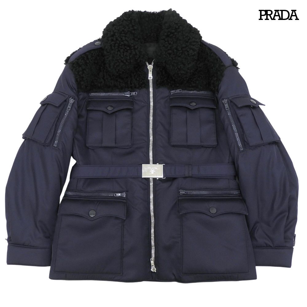 超美品 プラダ PRADA 2019年 襟ムートン ナイロン ベルテッド