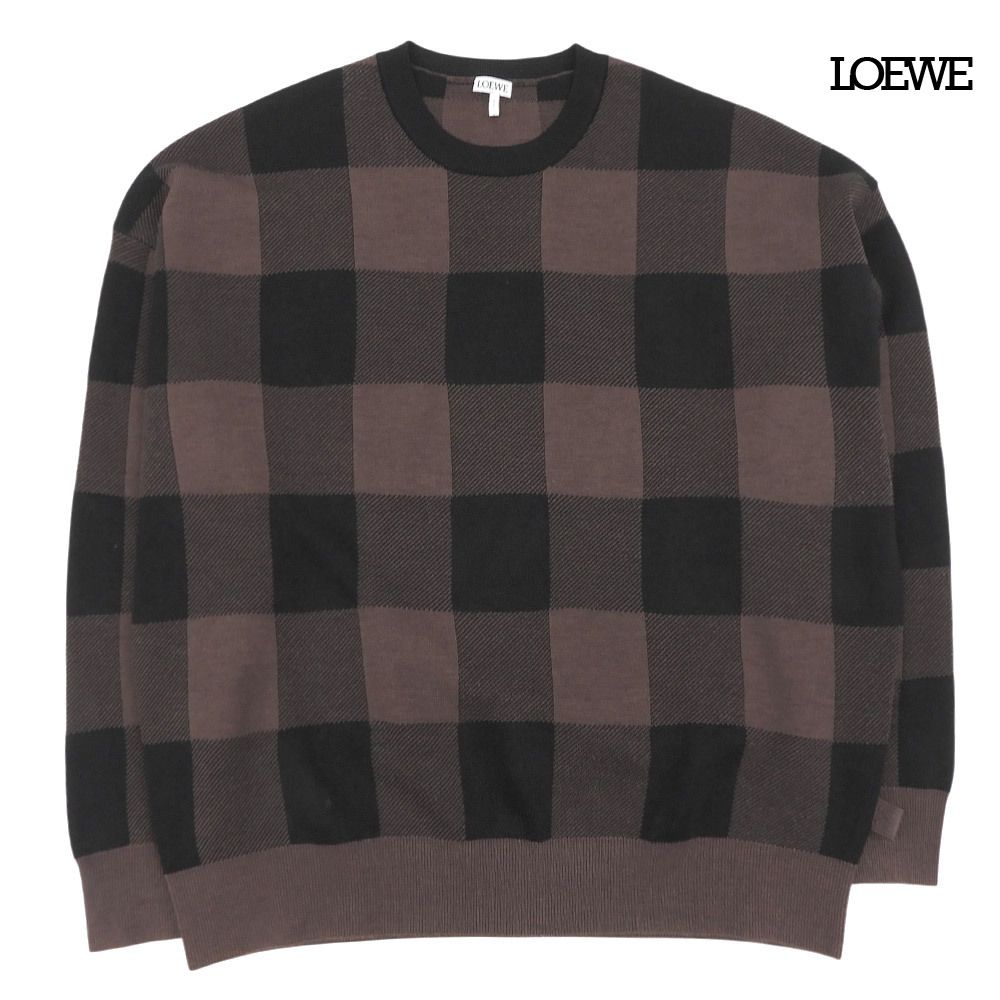 超美品 ロエベ LOEWE H526Y14KGW アナグラム レザーパッチ ブロックチェック シルク レーヨン ジャガード ニット サイズM ブラウン メンズ