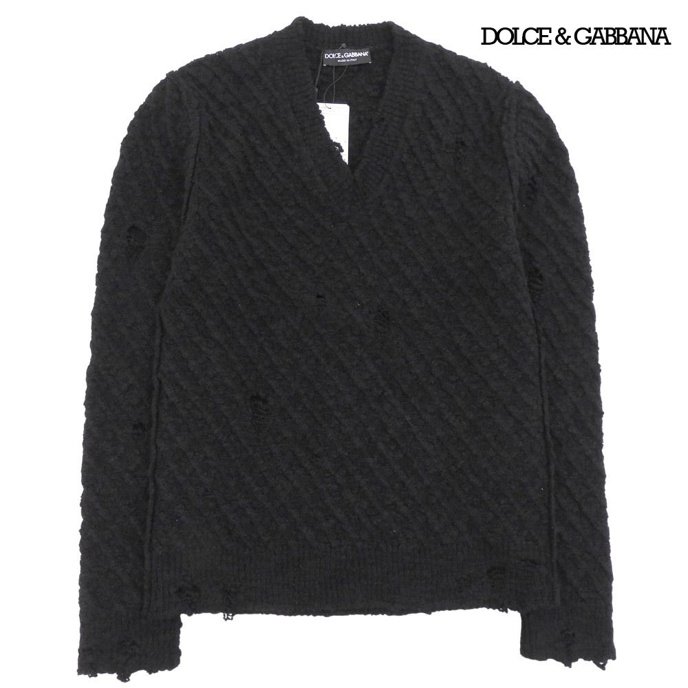 タグ付未使用 ドルチェ＆ガッバーナ DOLCE&GABBANA 2021年 ウール ナイロン Vネック ブークレ ニット セーター ブラック 定価147400円 メンズ 25,125円