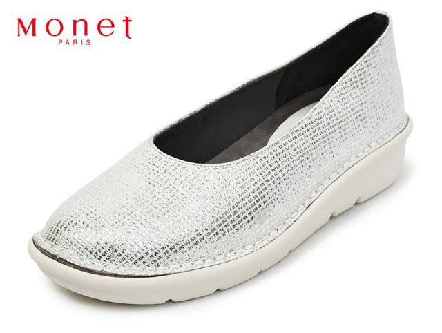 モネ 881510 Monet レザーバレエシューズ ウエッジシューズ レディースパンプス 3E 幅広 日本製 ウエッジソール 本革 天然皮革 レザー 歩きやすい 疲れにくい 柔らかい おしゃれ オシャレ 婦人 靴 シルバー