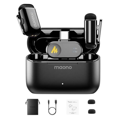 MAONO ワイヤレスマイク ピンマイク 【5.9g小型超軽量-ノイズ軽減-スマホ用】Android/iPhone15/16/PC対応 360°集音 100m伝送 30時間使用 AIボイチェン 音画同期 2人同時使用 クリップ式超ミニ無線 ASMR/ 国内発送