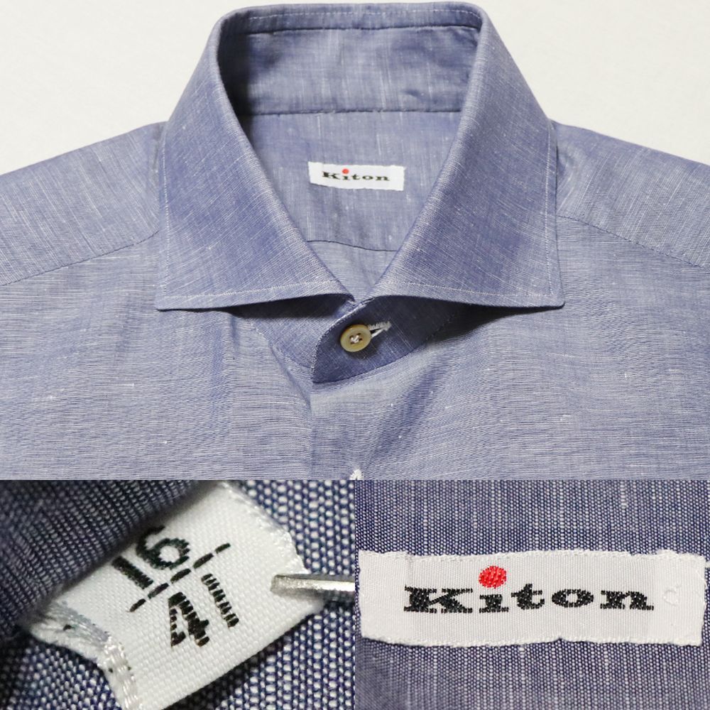 【ほぼ未使用/最高峰】Kiton キートン 極上リネン混シャツ ブルー 38 キートン】シャツ メンズ 41 L XL 極美品 KITON ブルー ホリゾンタル