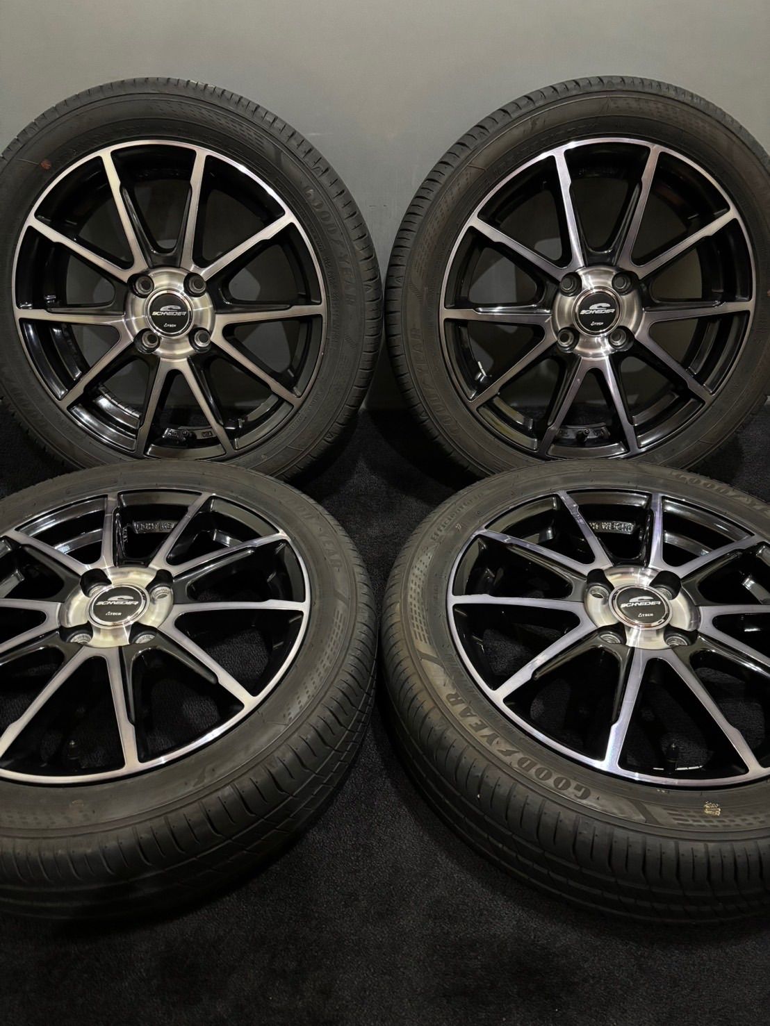★165/55R15 GOODYEAR/EffcientGrip ECO EG02 25年製 SCHNEIDER 15インチ 4.5J +43 100 4H 夏タイヤ 4本 N-BOX スペーシア タント (2-M472)