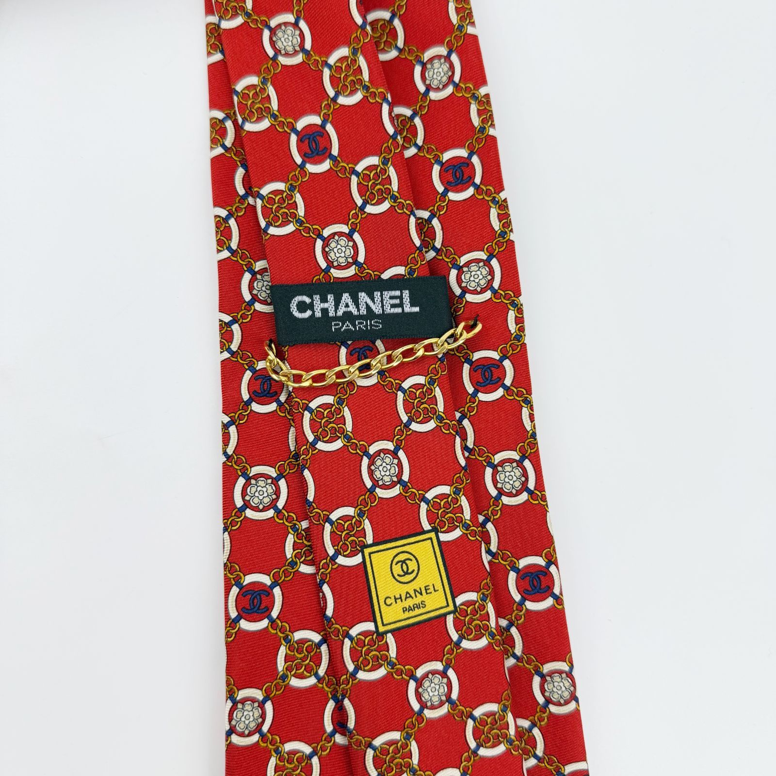 中古】CHANEL シャネル ココマーク チェーン柄 ネクタイ シルク レッド