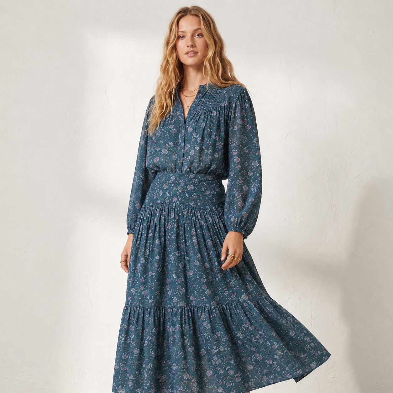 kU110 ISABEL MARANT ETOILE セットアップ フラワープリント バンドカラー スカート 花柄 ギャザー バンドカラー シャツ ブラウス 上下 イザベルマラン