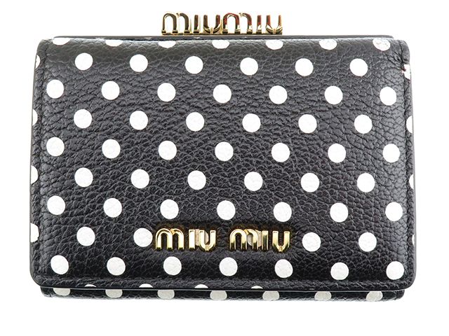 Miu Miu ミュウ ミュウ 三つ折がま口財布 5ME005 ドット柄 レザー ブラック 三つ折り財布 レディース 207【中古】2148104050700　