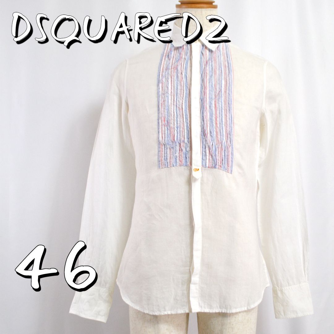 【美品】DSQUARED2ディースクエアード イタリア製 ボザムデザイン リネンシャツ 46(M) 白ホワイト【古着】【中古】【送料無料】