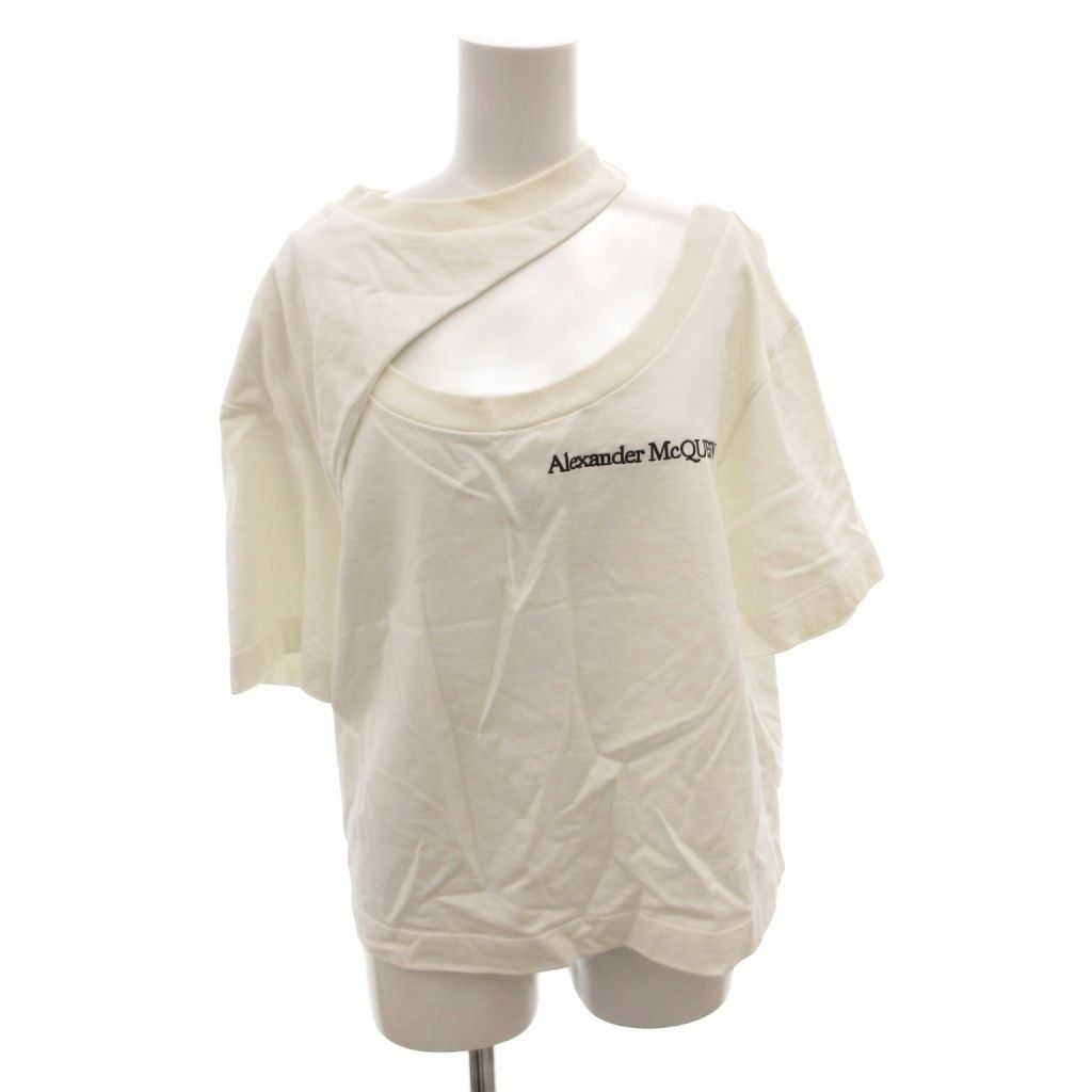 アレキサンダーマックイーン ALEXANDER MCQUEEN 変形 Tシャツ カットソー ロゴ刺繍 半袖 38 白 ホワイト /FF ■GY57