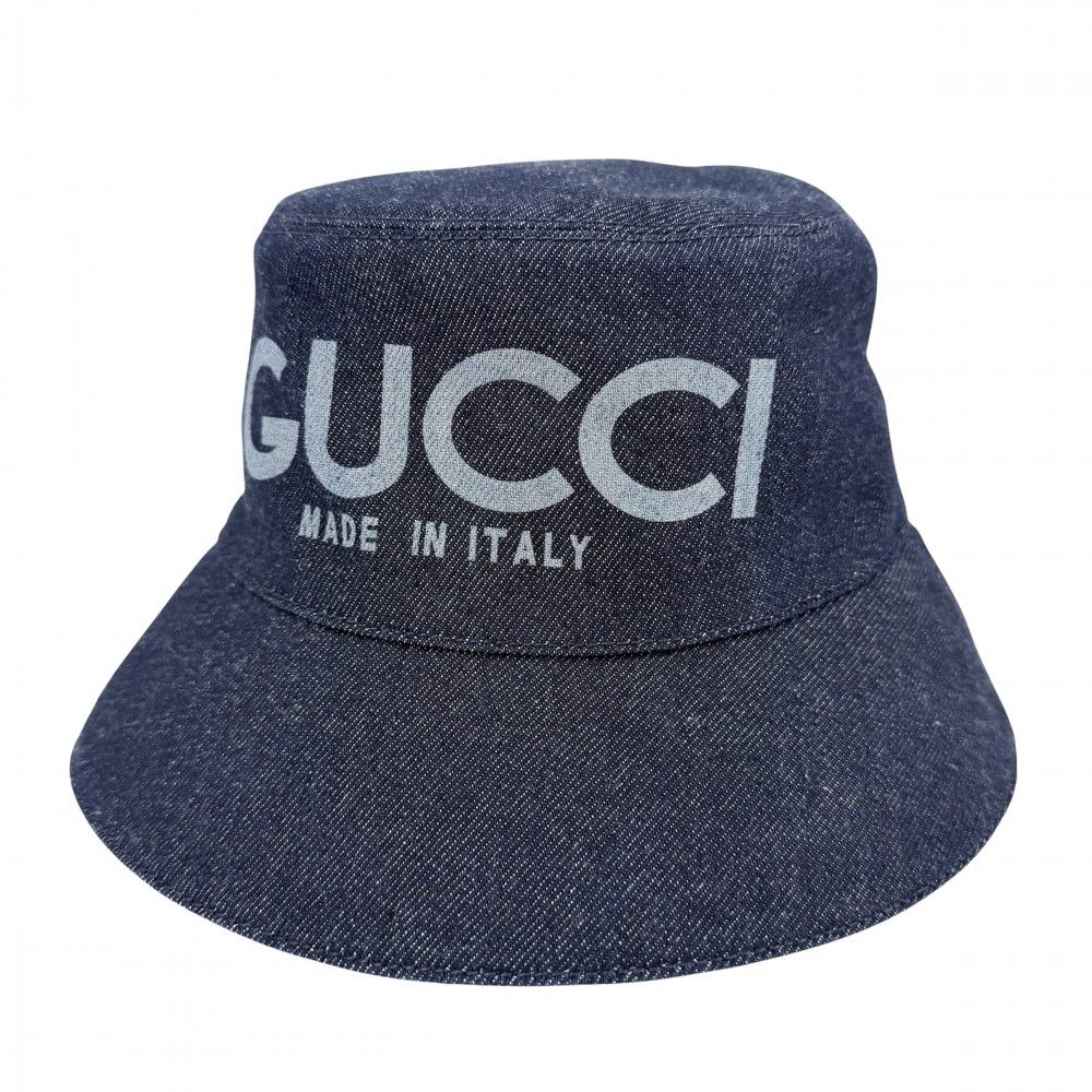 グッチ 帽子 ユニセックス デニム バケットハット Mサイズ ファッションアイテム メンズ レディース GGスプリーム GUCCI 803042 コットン ネイビー 紺 美品【中古品】