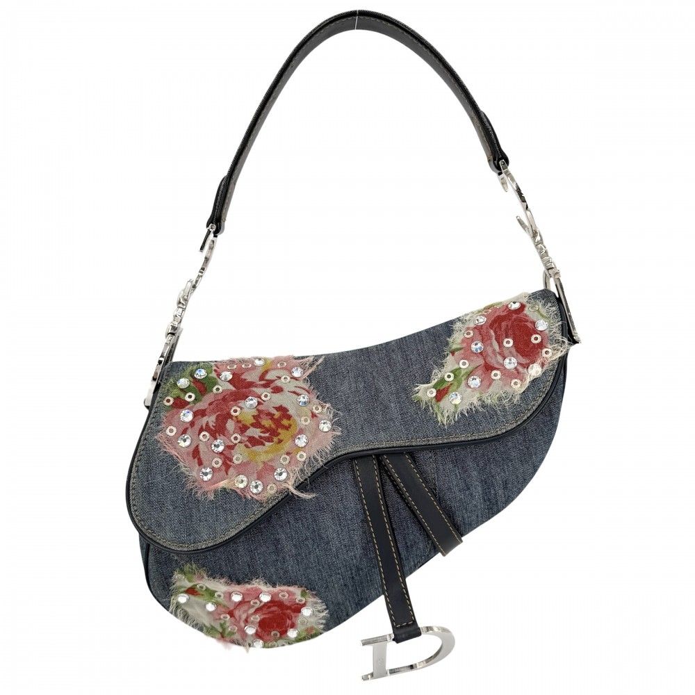 クリスチャンディオール ハンドバッグ レディース サドルバッグ 刺繍 花 ローズ Christian Dior デニム レザー ラインストーン ネイビー 紺 シルバー金具【中古品】