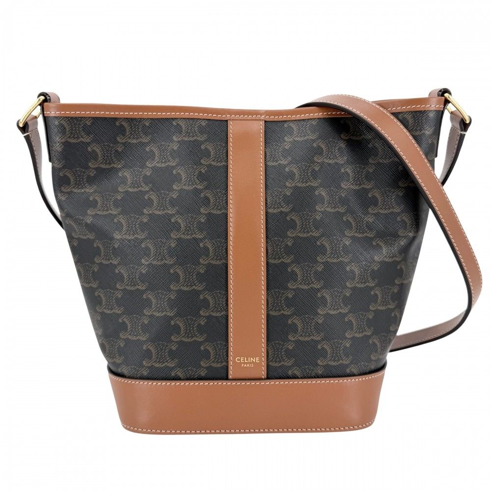セリーヌ ショルダーバッグ レディース 肩掛け スモール バケット トリオンフ シェット ブラウン 茶 CELINE PVCコーティングキャンバス レザー タン ゴールド金具 美品【中古品】