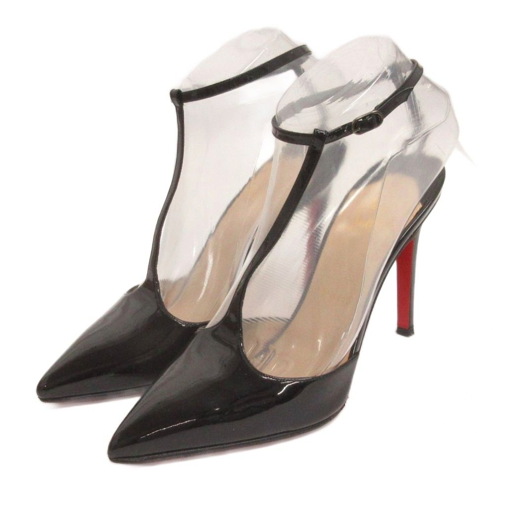 クリスチャンルブタン Christian louboutin パンプス ストラップ ポインテッドトゥ ピンヒール エナメル 黒 ブラック 37