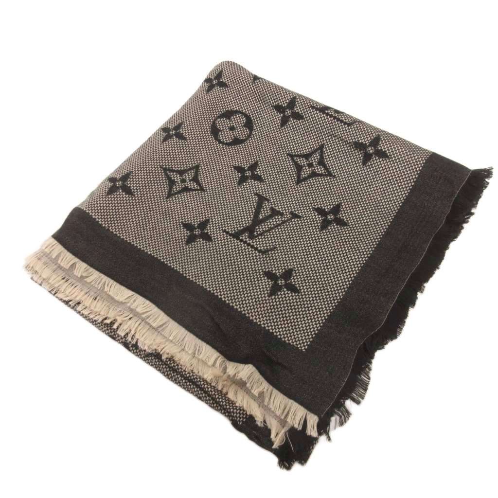 ルイヴィトン LOUIS VUITTON 美品 モノグラム ネオナット ショール M73677 LVロゴ スクエア 大判 黒 ブラック