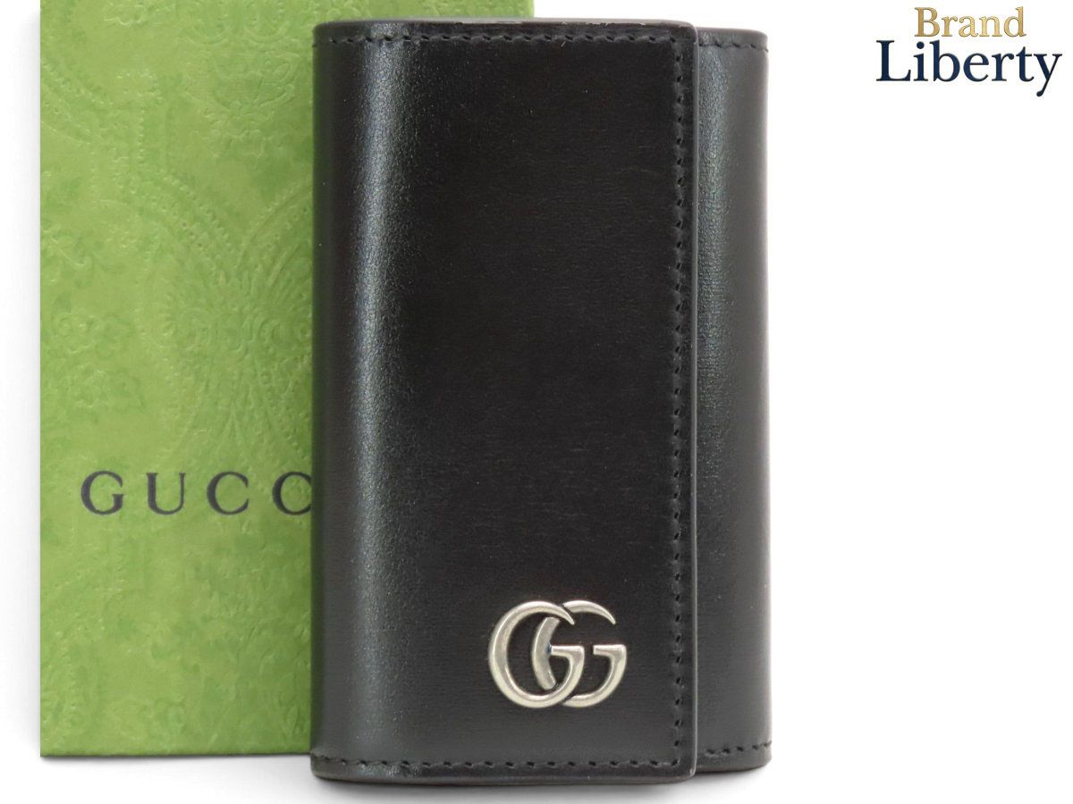 【新品同様】グッチ GUCCI GG マーモント ダブルG 6連 キーケース キーリング キーホルダー キーリング付き ブラック シルバー金具 レザー 435305