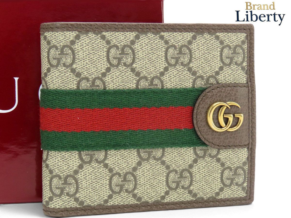 【新品同様】グッチ GUCCI オフィディア GGスプリーム シェリーライン コインウォレット 二つ折り財布 コンパクト財布 シェリーカラー ベージュ ダークブラウン PVC レザー 834792