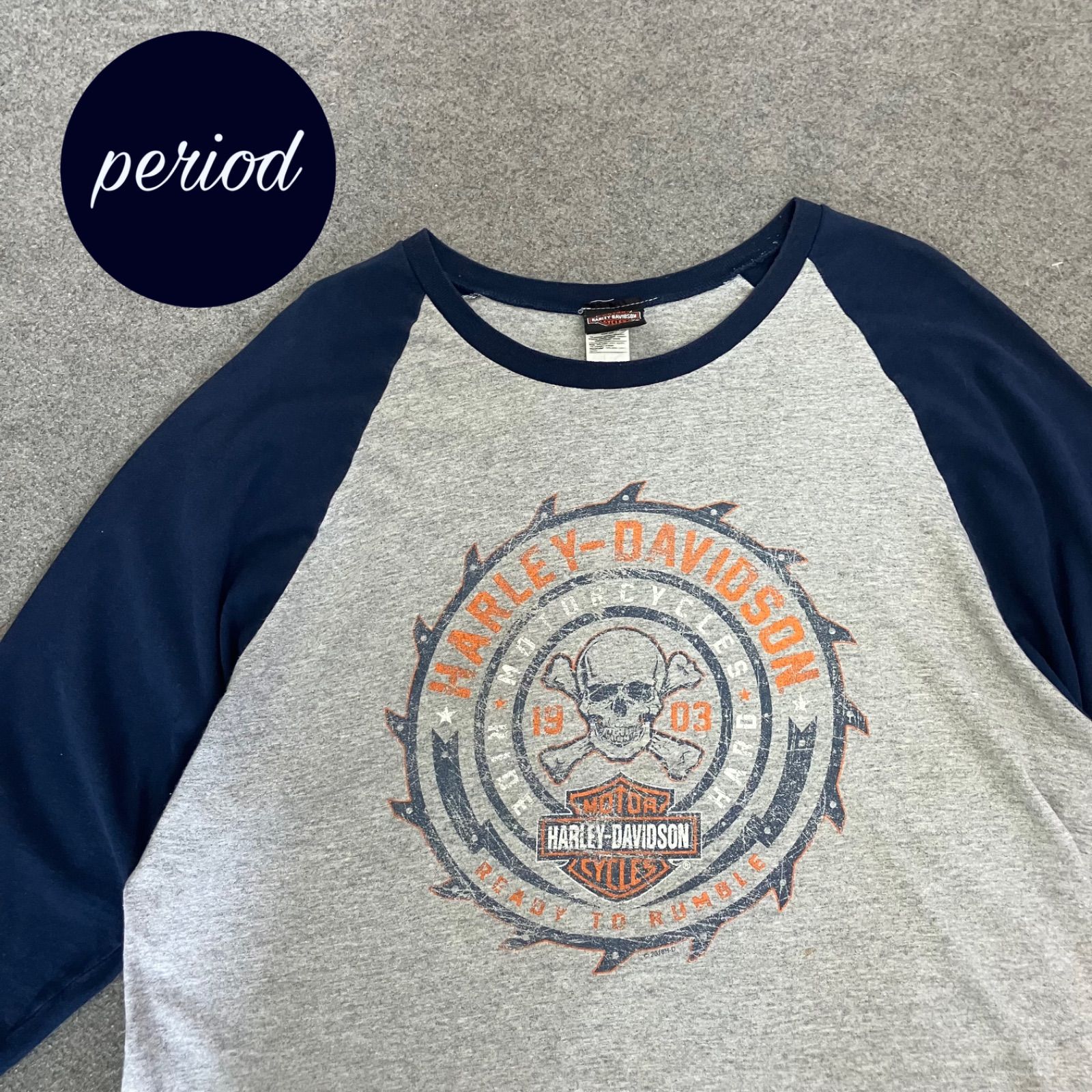 P3387 HARLEY DAVIDSON ラグラン　七分袖　スカル　Tシャツ